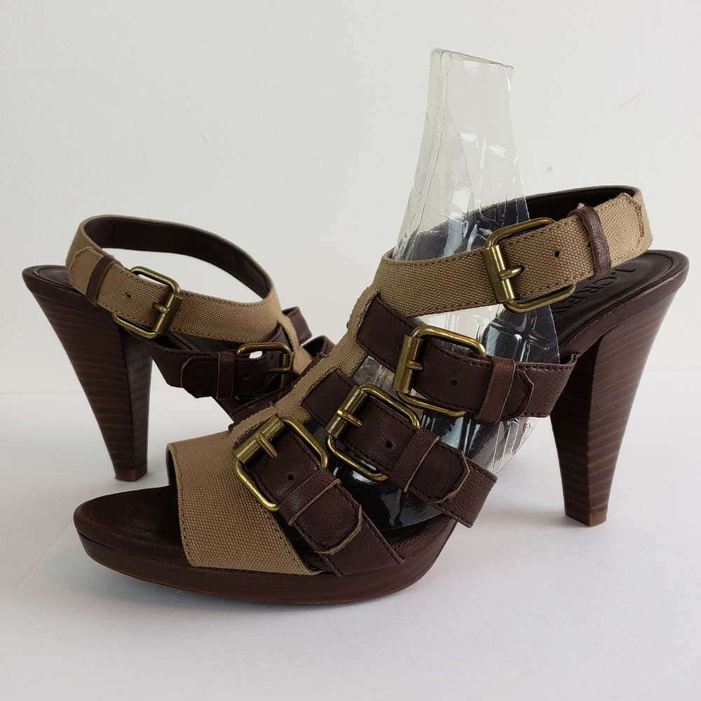 J.Crew Wyatt Buckle Cone Heel Leather & Canvas 7